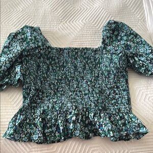 J. Crew Floral Smocked Blouse in Blue and Green